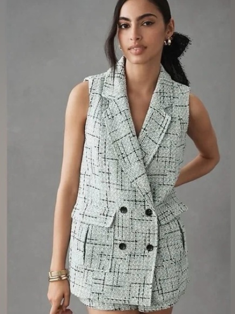 Maeve By Anthropologie Green Tweed Sleeveless Button Front Collared Vest Size 8